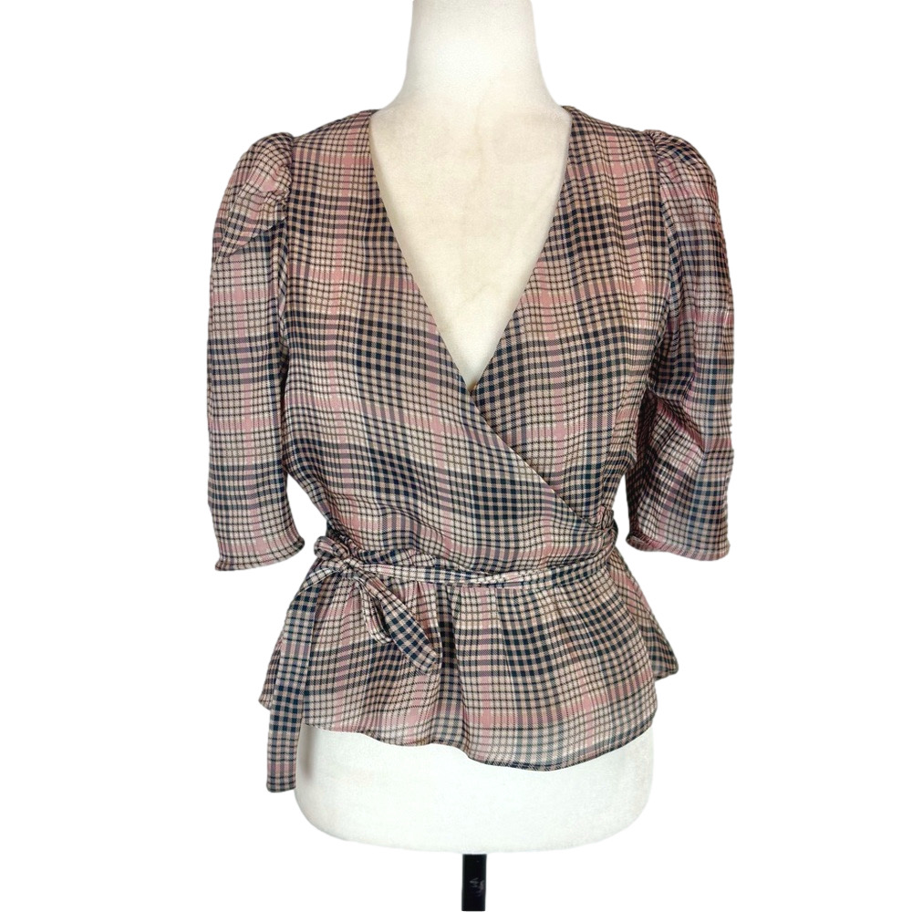 En Saison plaid wrap blouse